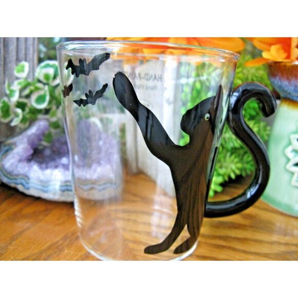 New Hand Painted Black Cat & Bats Clear Glass Tea Coffee Mug Cup w/ Tail Handle - Picture 2 of 9